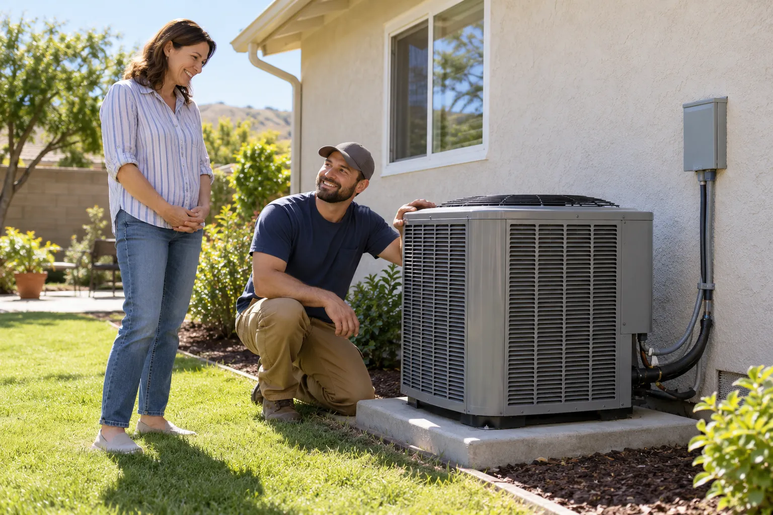 A friendly provider checking a new outdoor AC unit beside a stucco home in San Jacinto