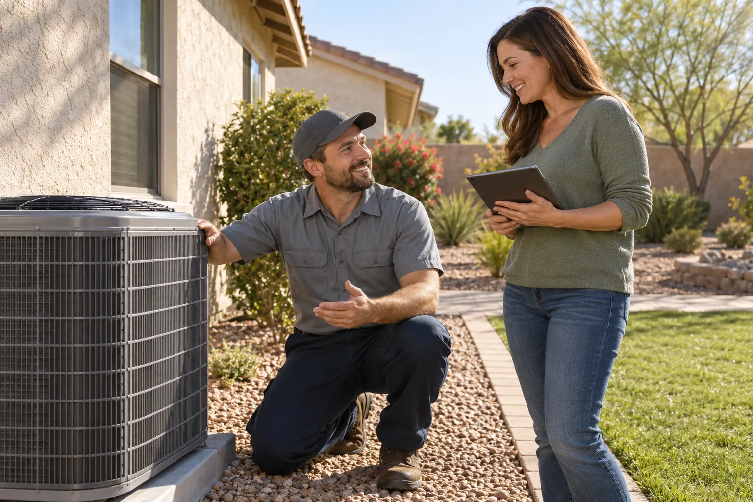 A friendly HVAC provider checking an outdoor air conditioner unit beside a stucco ranch home in the San Jacinto area